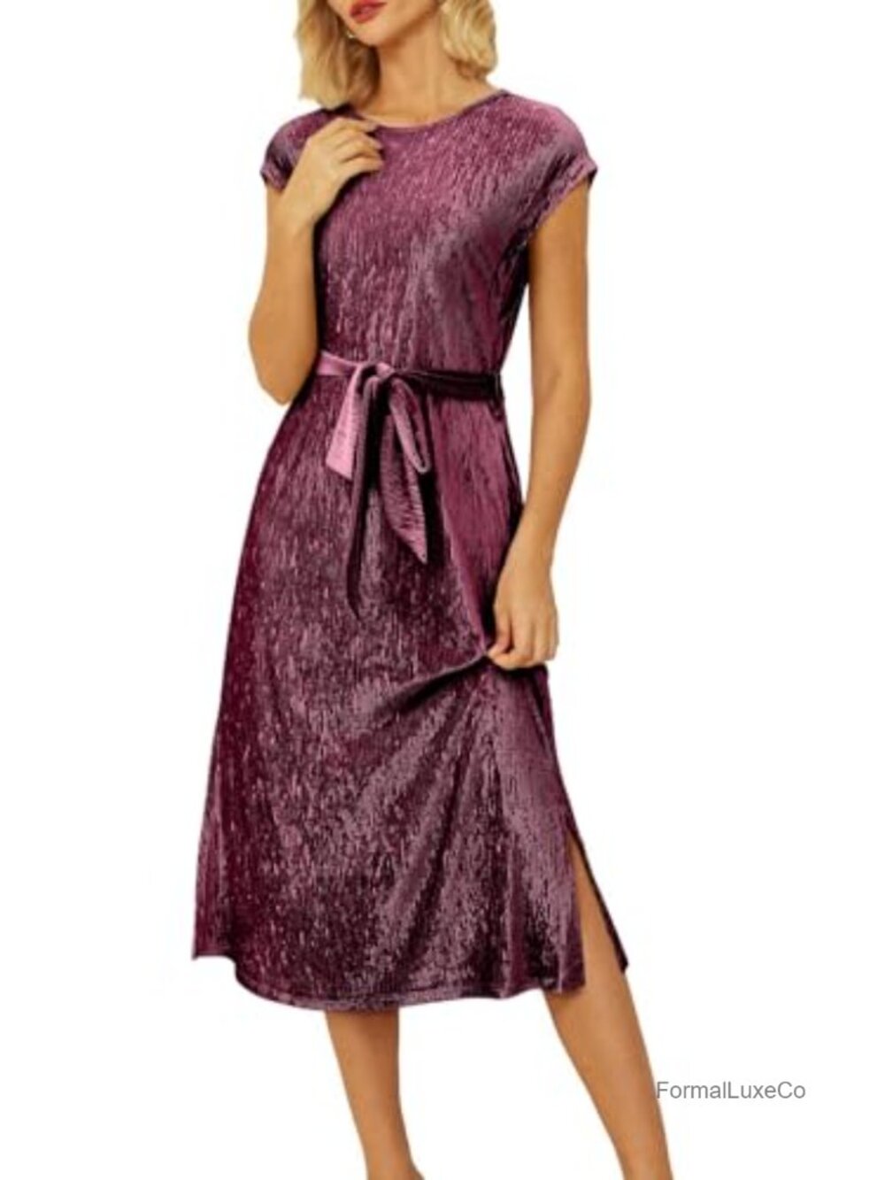 Velvet Sleeveless Crewneck Belted A-Line Split Midi Dress with Pockets